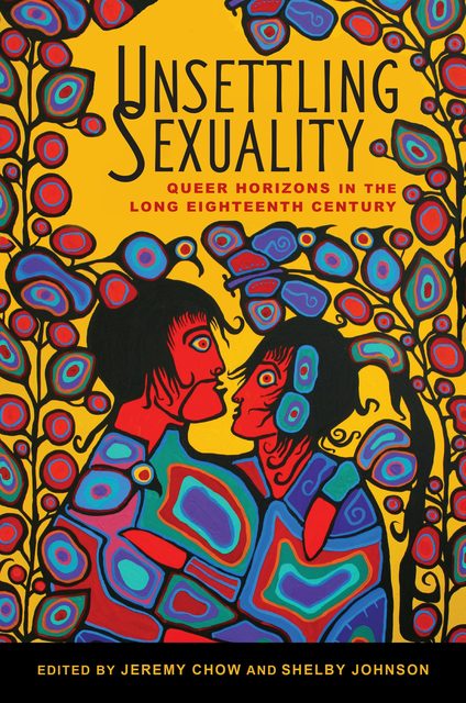 A brightly colored painting on canvas depicting two intertwined figures, their bodies compsed of blue-hued geometric shapes, facing one another; they are surrounded by two arching vines and set against a yellow background.